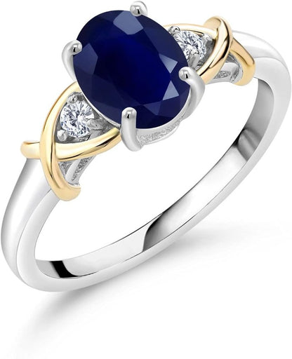 2 Tone 10K Yellow Gold and 925 Sterling Silver Blue Sapphire and White Lab Grown Diamond Engagement Ring for Women (1.88 Cttw, Available in Size 5, 6, 7, 8, 9)